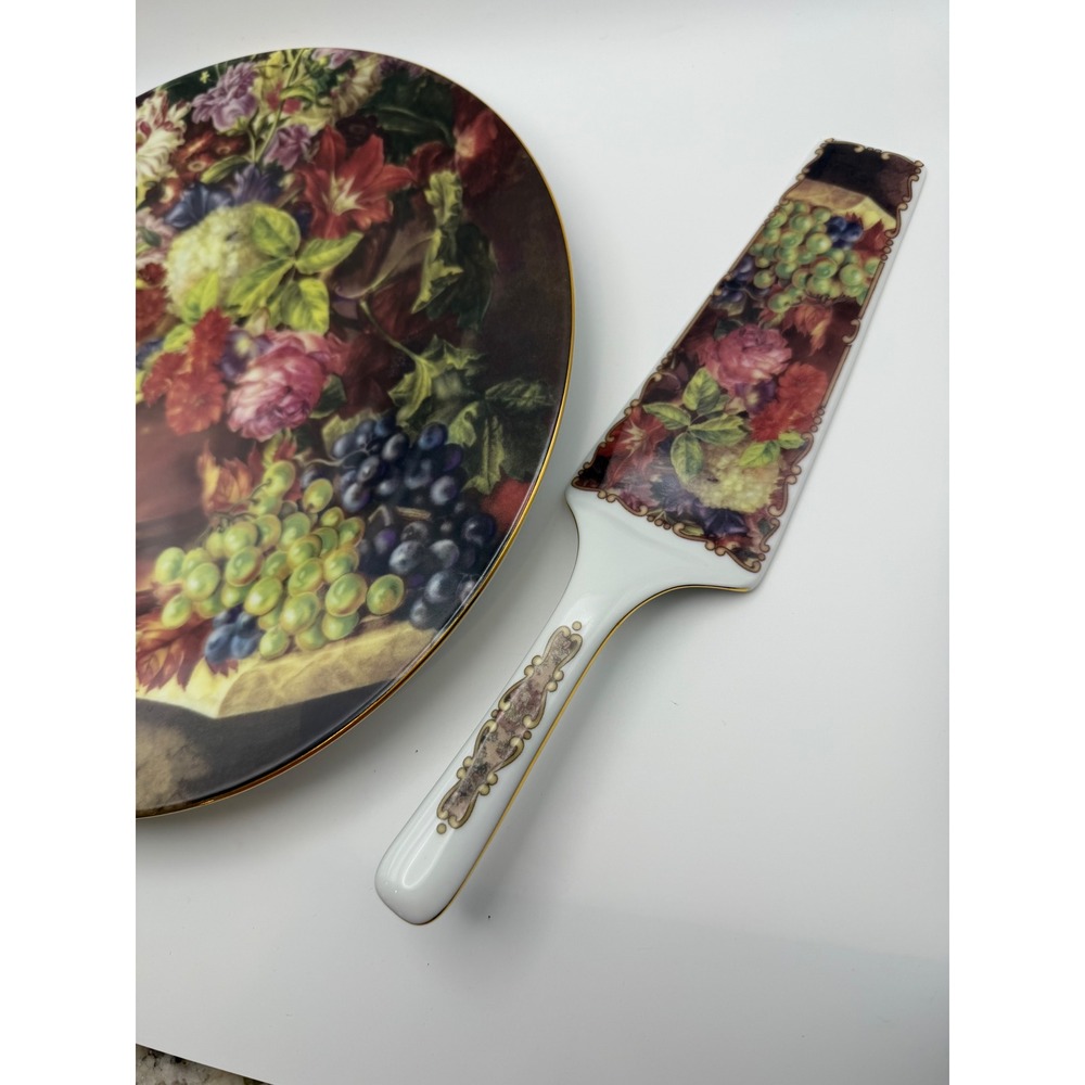 Formalities by Baum Bros Bohemian Porcelain Cake Plate & Server Set Floral Fruit